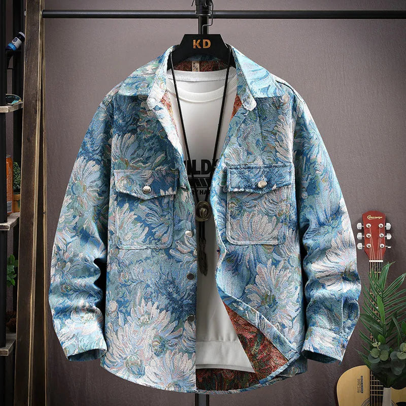 Casual lapel shirt coat in a blue colour, shown with long sleeves and a straight hem.