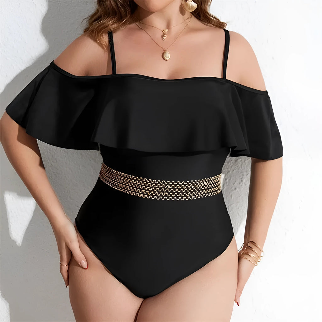 Black women's one-piece swimsuit on a mannequin, shown from the front.