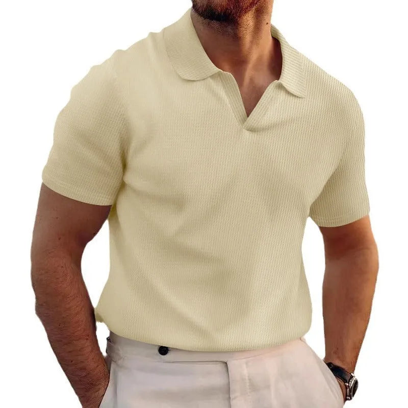 Men's slim fit waffle knit T-shirt in lightweight polyester, shown in a solid colour with short sleeves.