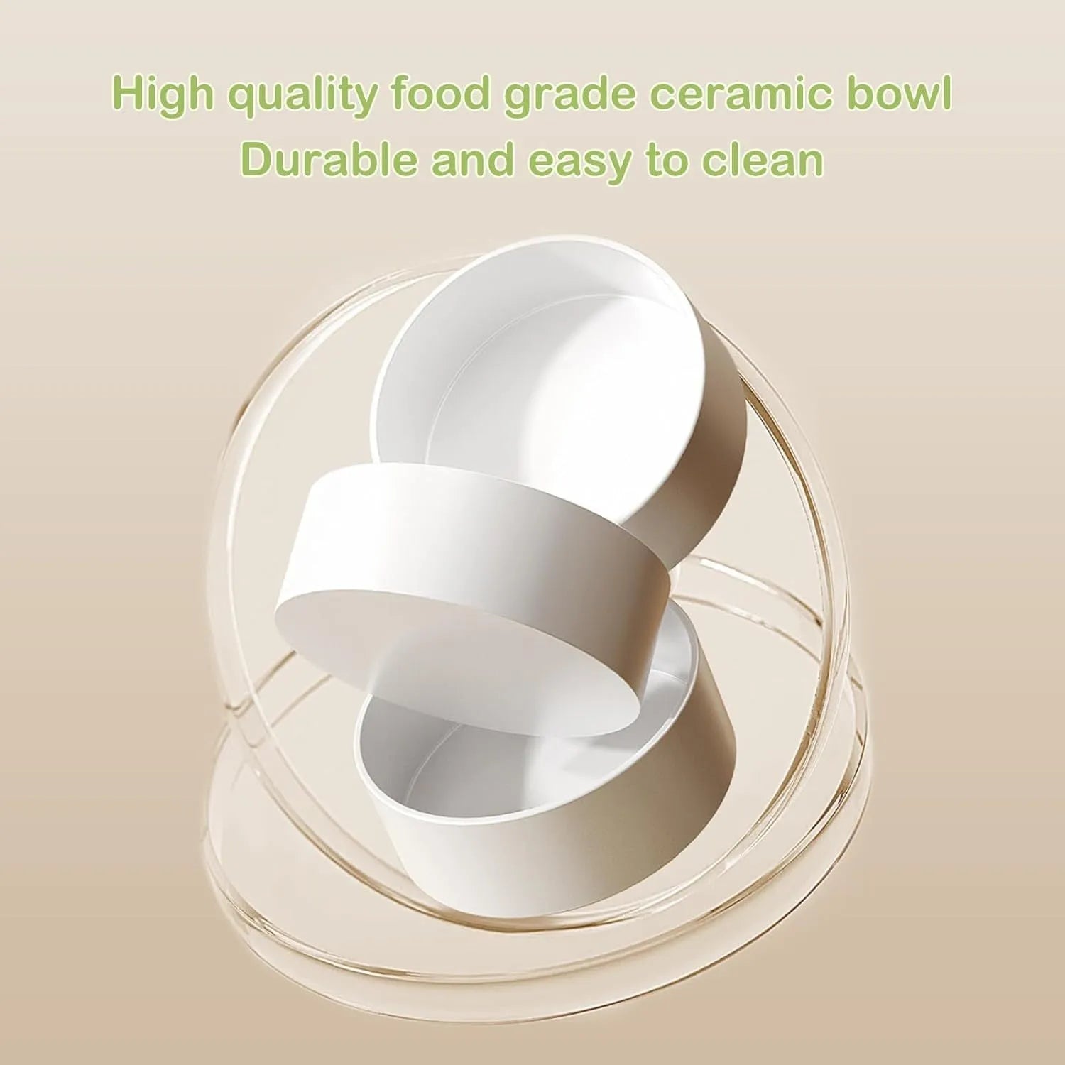 Green ceramic raised cat bowl set with two bowls on a tilted stand and non-slip base.