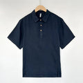 Men's light grey green linen short-sleeve top with a V-neck, laid flat.
