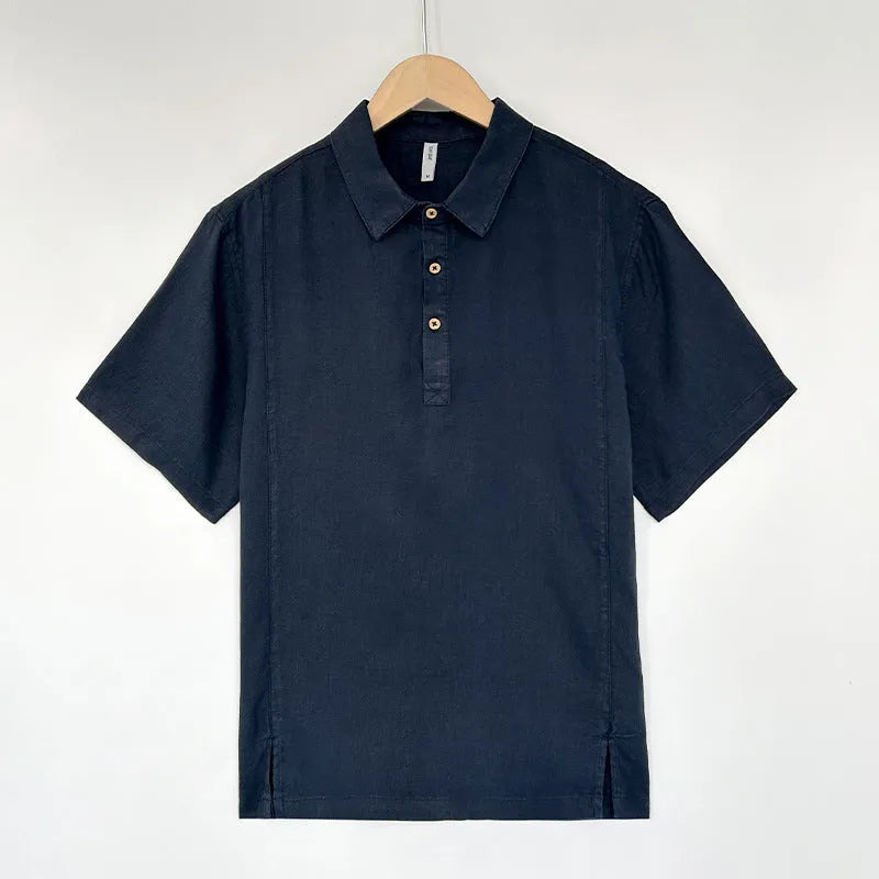 Men's light grey green linen short-sleeve top with a V-neck, laid flat.