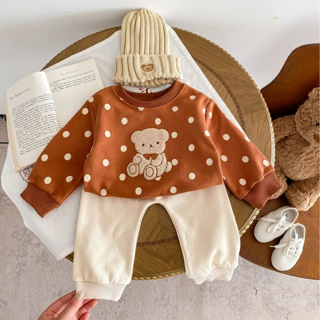 Cotton baby bear suit two-piece set in light beige with animal pattern, available in sizes 73-110cm