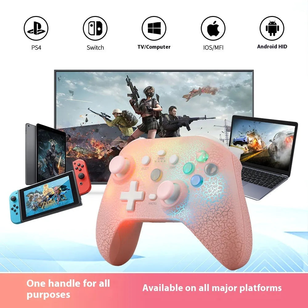 NS21 RGB lamp effect gamepad with Type-C interface, ABS body, 18.2 x 7 x 14 cm, shown in black, pink, and white