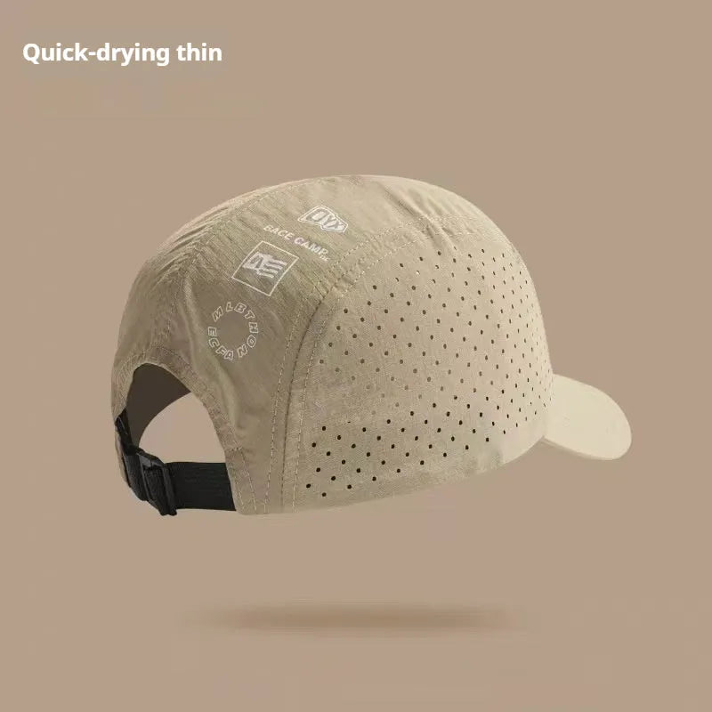 Men's adjustable baseball cap in acrylic mesh fabric shown in black, suitable for summer sun protection.
