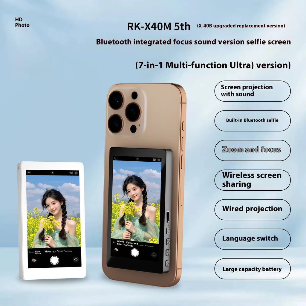 Black magnetic mobile phone screen projector showing rear view with USB port and display.