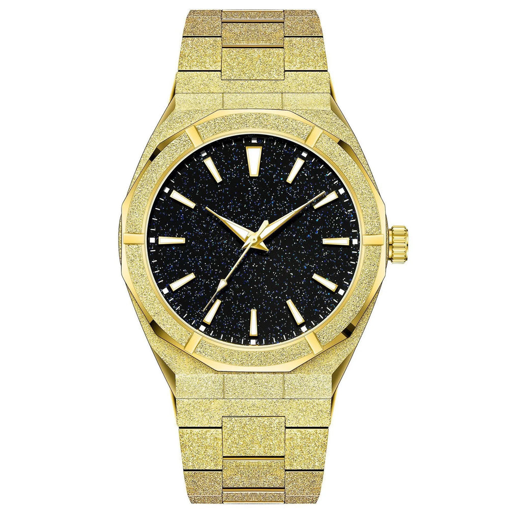 Men's frosted stainless steel business watch with luminous markers on dial in black, gold, or silver.