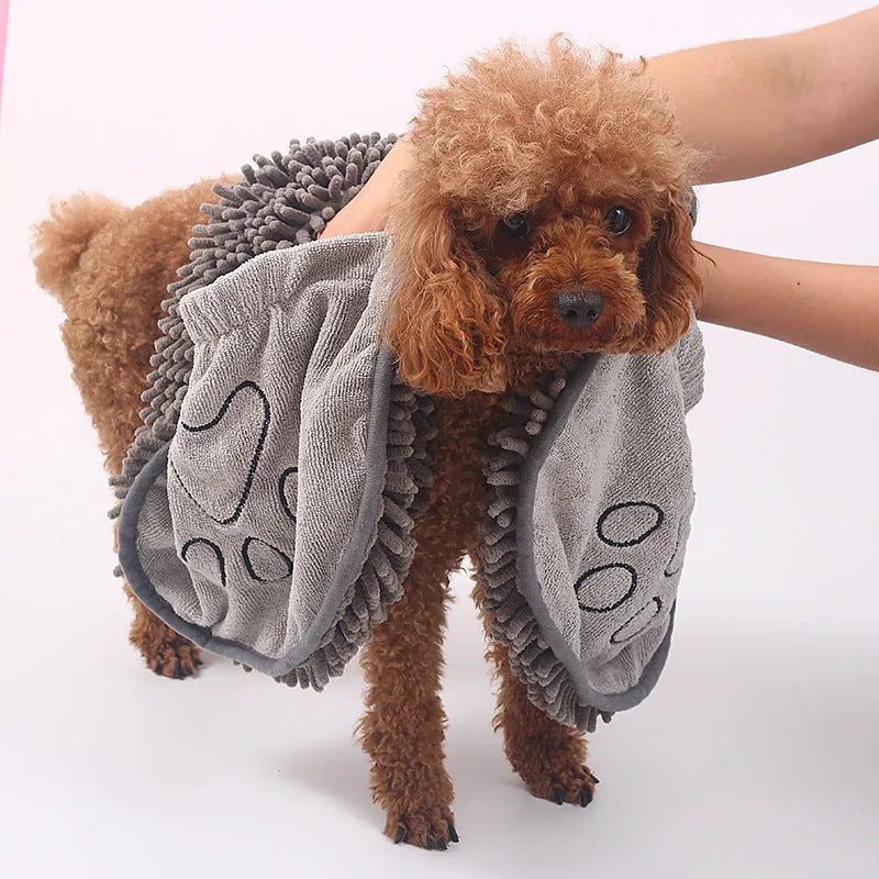 Grey chenille pet towel for dogs and cats, absorbent fibre bath towel supplied as one piece