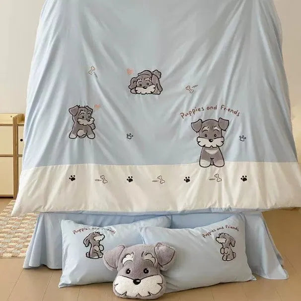 Cute Schnauzer cartoon pattern cotton bed sheet set showing quilt cover, flat sheet and pillowcases