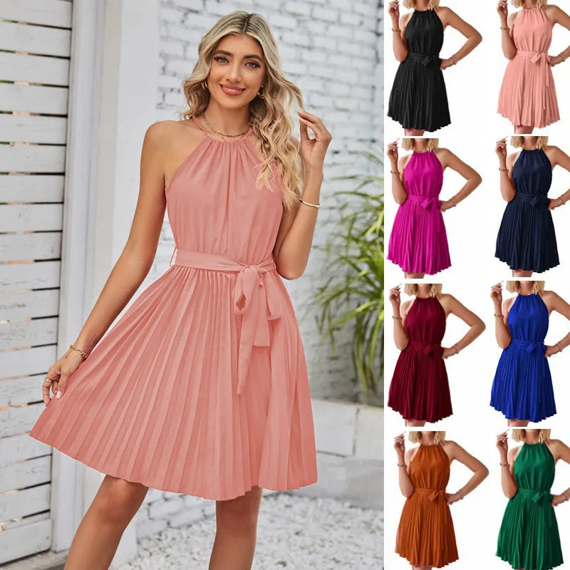Women's black chiffon halter dress with pleated skirt and adjustable waist for summer