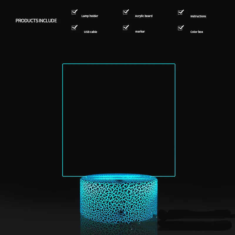 3D acrylic message board night light with remote control and stylus on a desk.