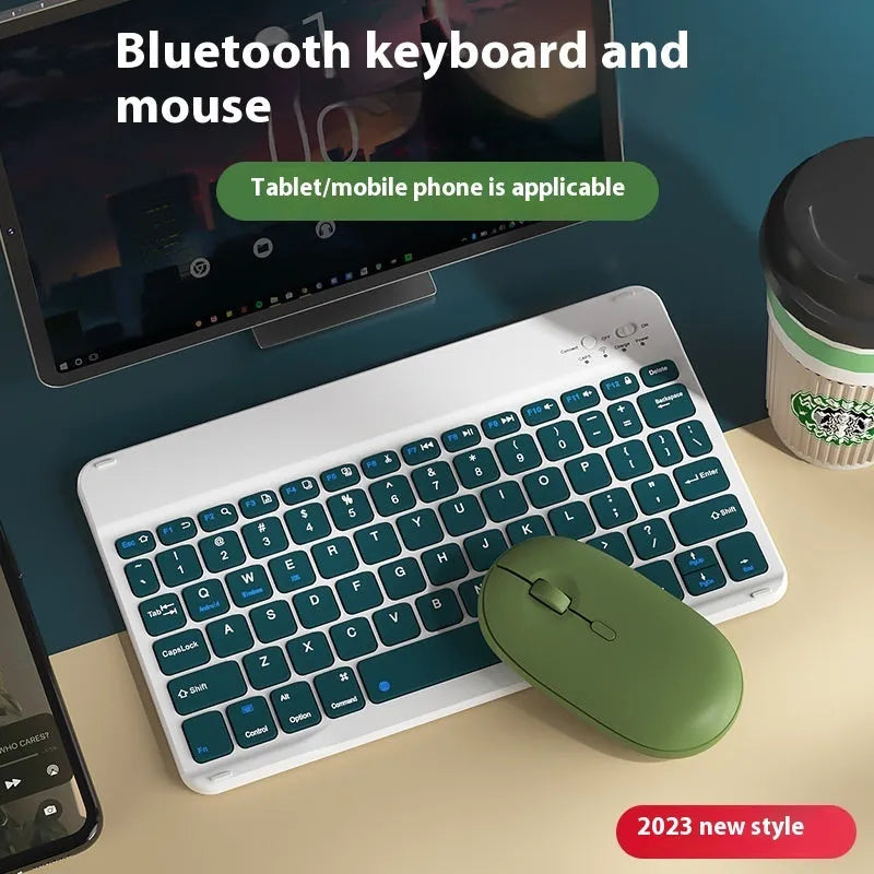 Bluetooth keyboard and rechargeable mouse set for tablet in elegant white on a desk