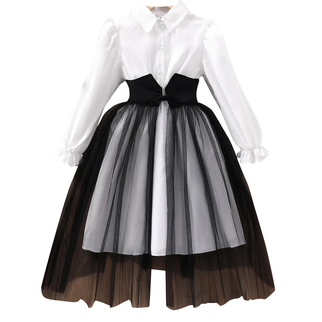 Girls mesh stitching dress in solid colour polyester, available in black and brown for heights 8Y to 12Y