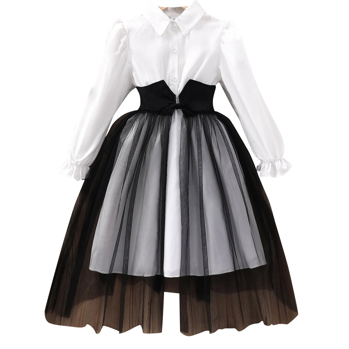 Girls mesh stitching dress in solid colour polyester, available in black and brown for heights 8Y to 12Y