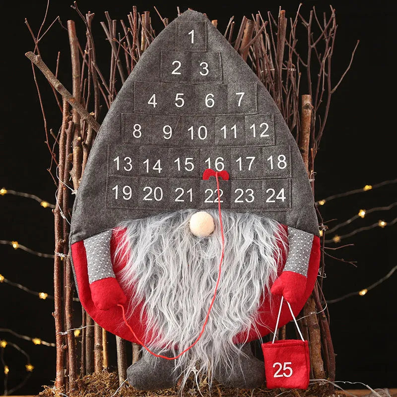 Christmas advent calendar with faceless Santa doll, non-woven fabric, hanging rope, red or grey hat