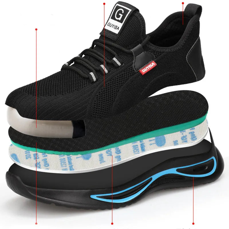 Men steel toe work safety shoes black with blue trim, lace-up low top, fly weave upper and PU sole