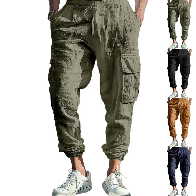 Men's casual ankle-tied linen trousers in Army Green colour showing multi-pocket design