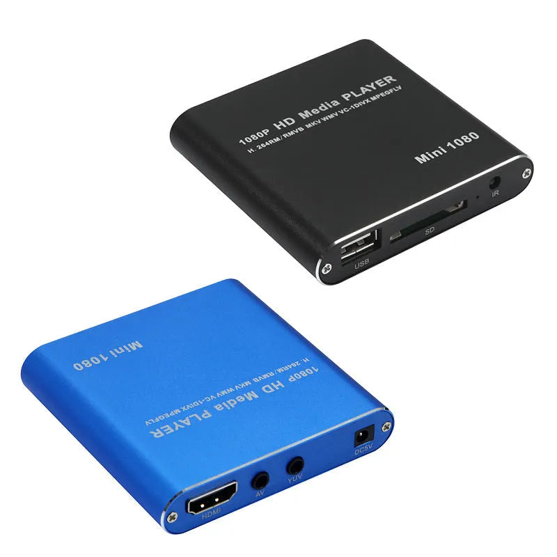 Compact black and blue all-metal 1080P Full HD media player with remote control