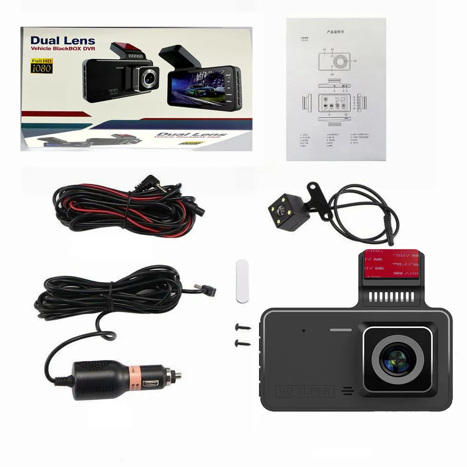 4-inch touch screen dashcam with dual lens and adhesive mount for car windscreen
