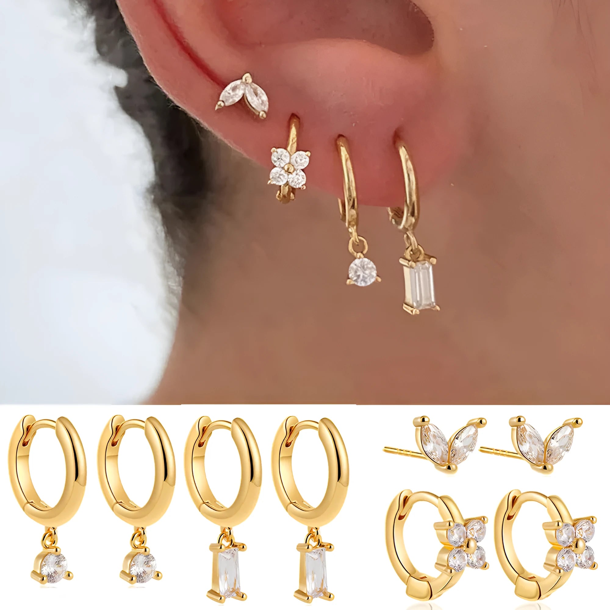 Women's geometric copper earrings four-piece set with gold electroplated star and quadrilateral designs