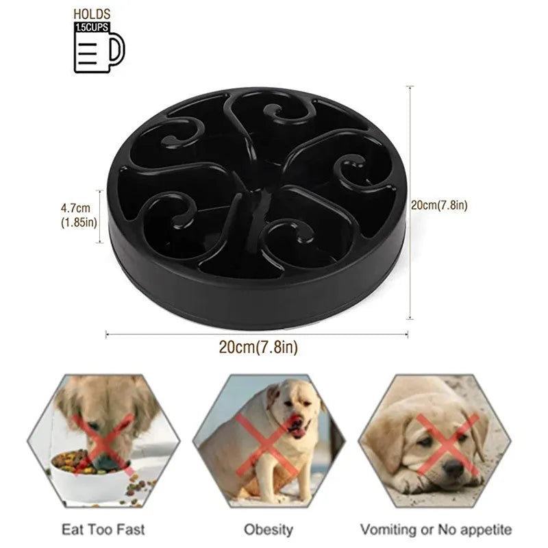 A slow feeder dog bowl with a maze pattern inside and a non-slip base, shown in blue.