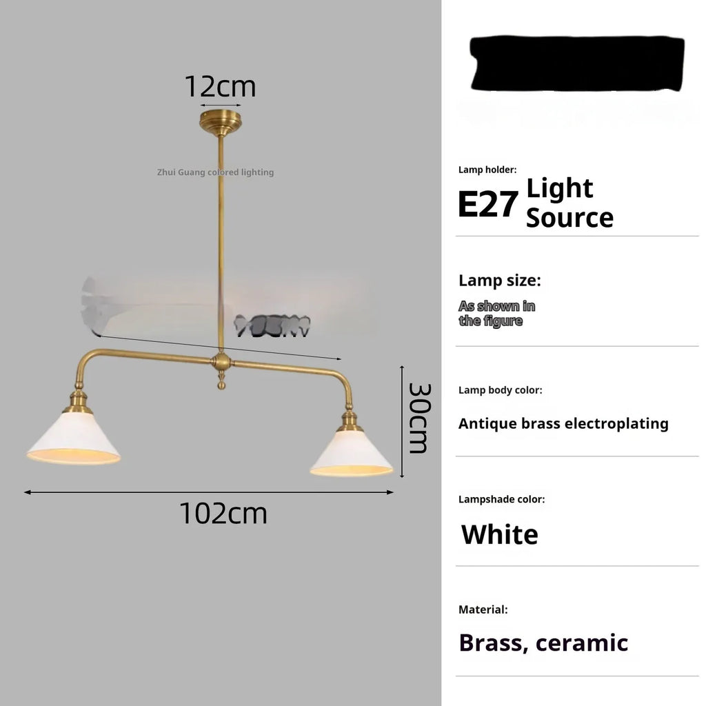 All copper American retro linear chandelier with warm LED light over kitchen island, aluminium lampshade option