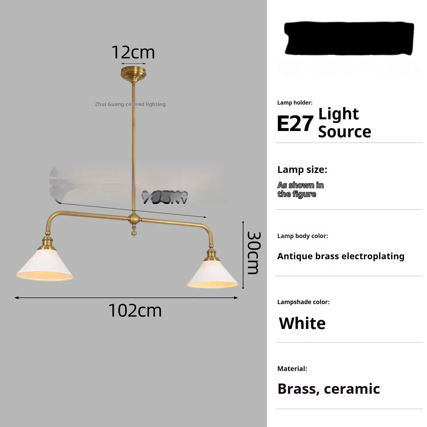 All copper American retro linear chandelier with warm LED light over kitchen island, aluminium lampshade option