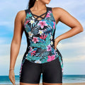 Plus size women's floral print swimsuit bikini with high waist design in navy blue colour