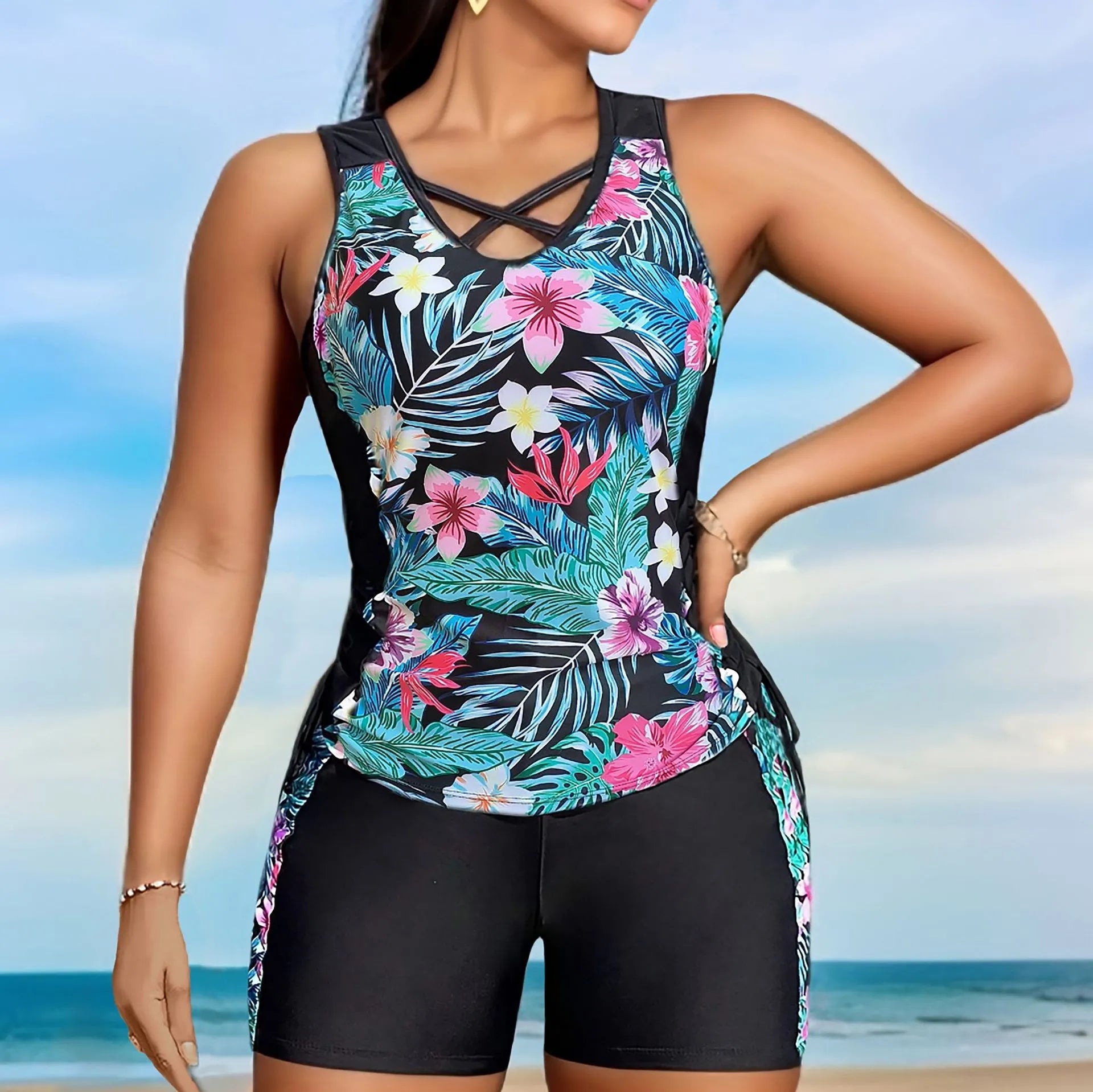 Plus size women's floral print swimsuit bikini with high waist design in navy blue colour