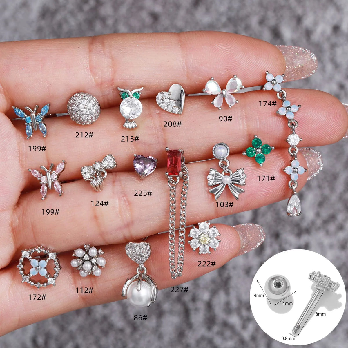 Korean-style tassel flower screw ball ear cartilage piercing in brass with gold, white K or rose gold finish, single ear stud