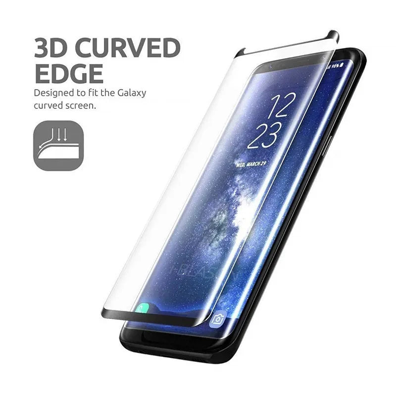 Tempered glass screen protector for Samsung Galaxy phones with black border and transparent edge options