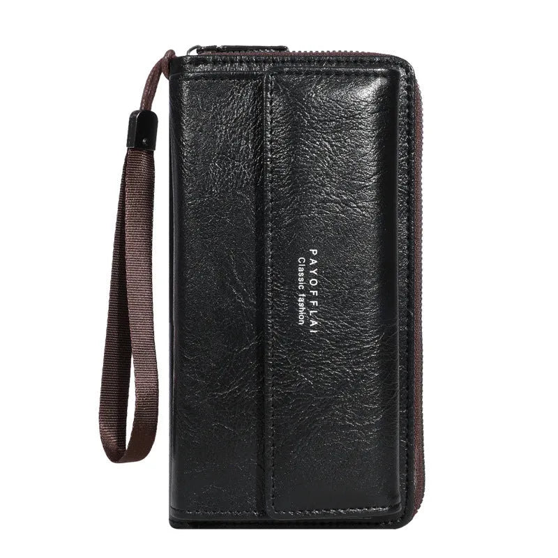 Men's casual long PU leather wallet showing multiple card slots, available in black, brown, and coffee colours