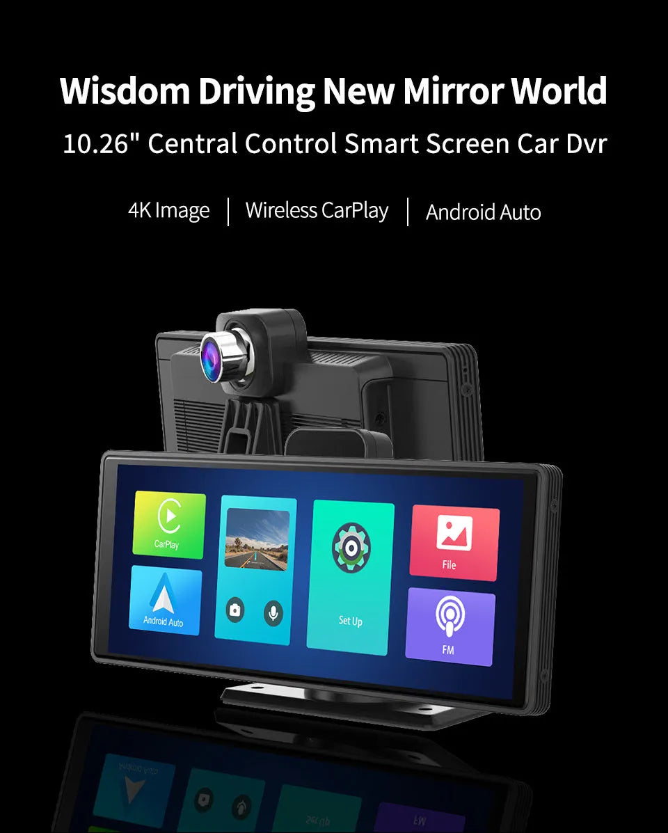 12-inch car dash cam touch screen displaying dual camera view on dashboard.