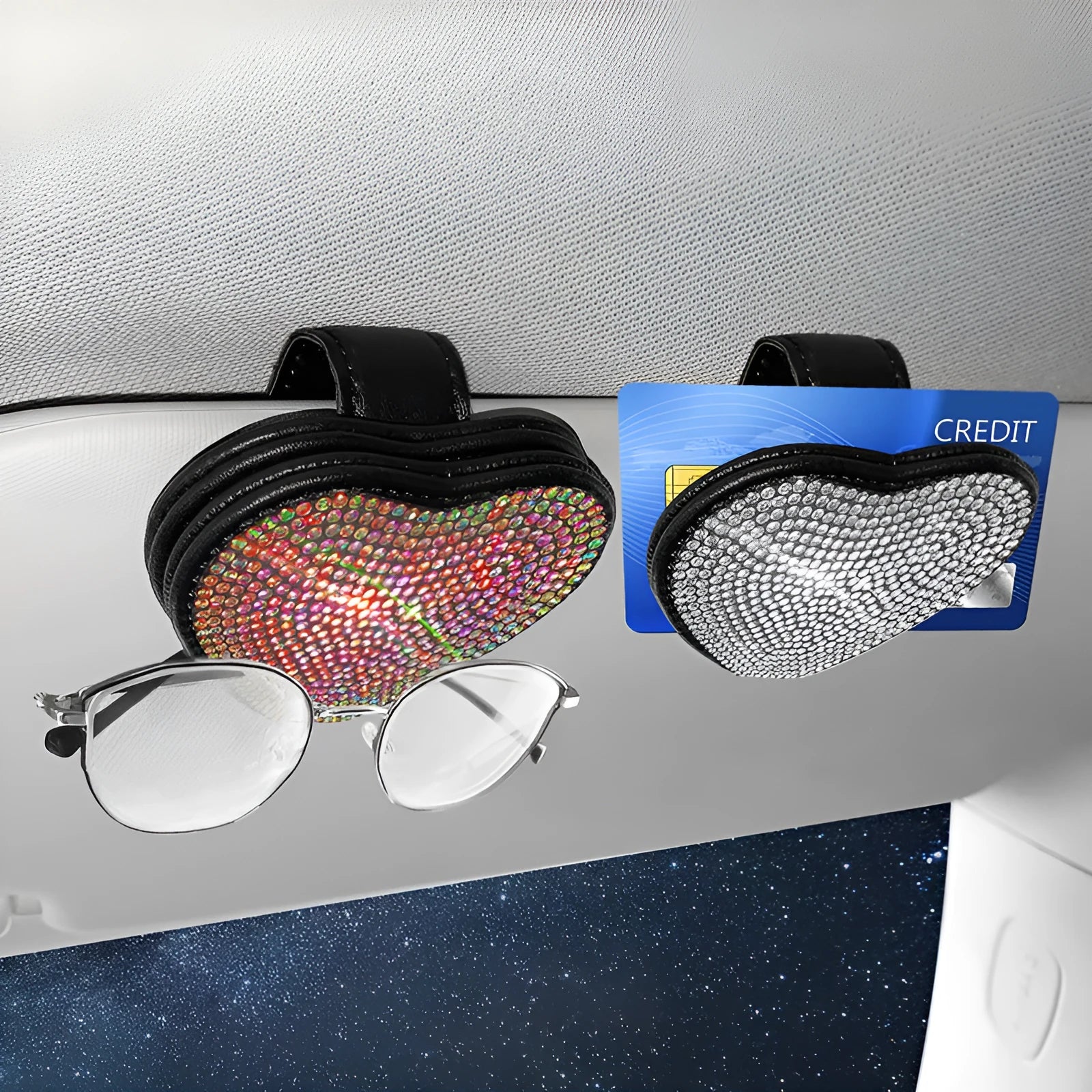 PU leather car sun visor clip with diamond pattern and magnetic closure, shown in multiple colour options.
