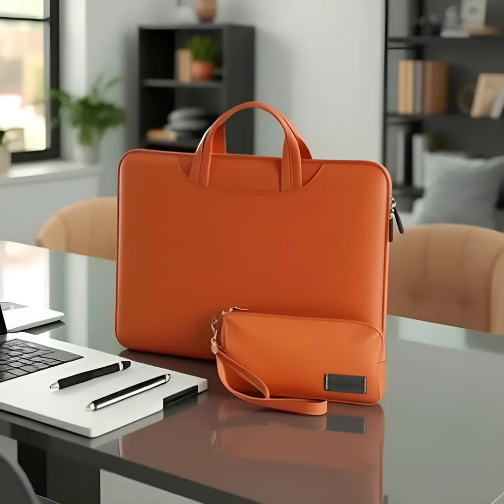 Black PU leather laptop bag with integrated power bank storage compartment