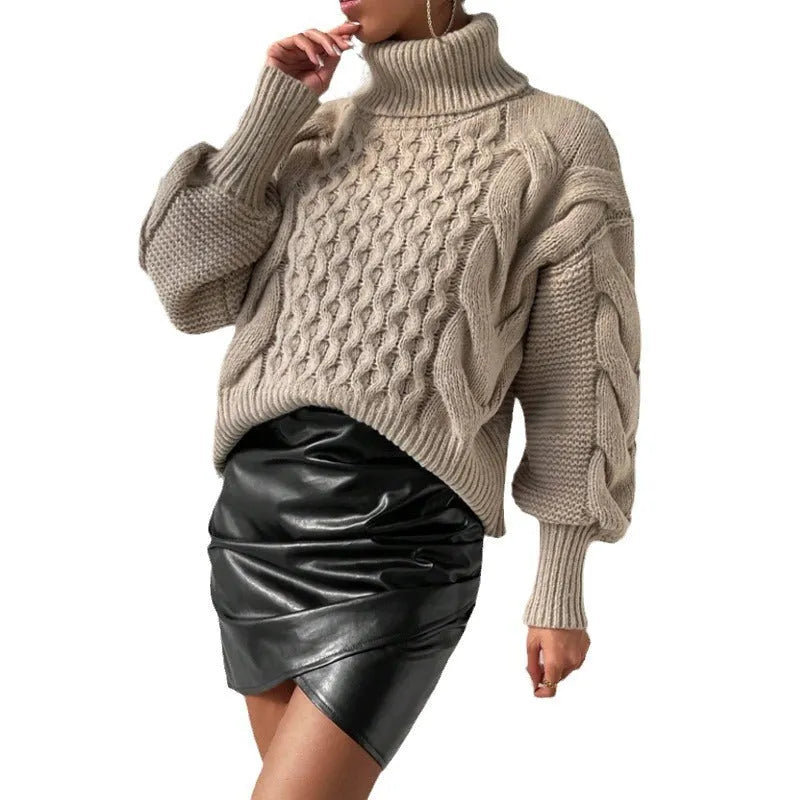 Twist thread loose sweater for women in white or camel, long sleeve polyester pullover, sizes S-XL