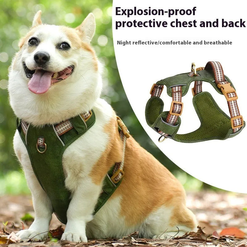 Brown retro leather dog harness with reflective stitching and explosion-proof buckle on adjustable chest strap