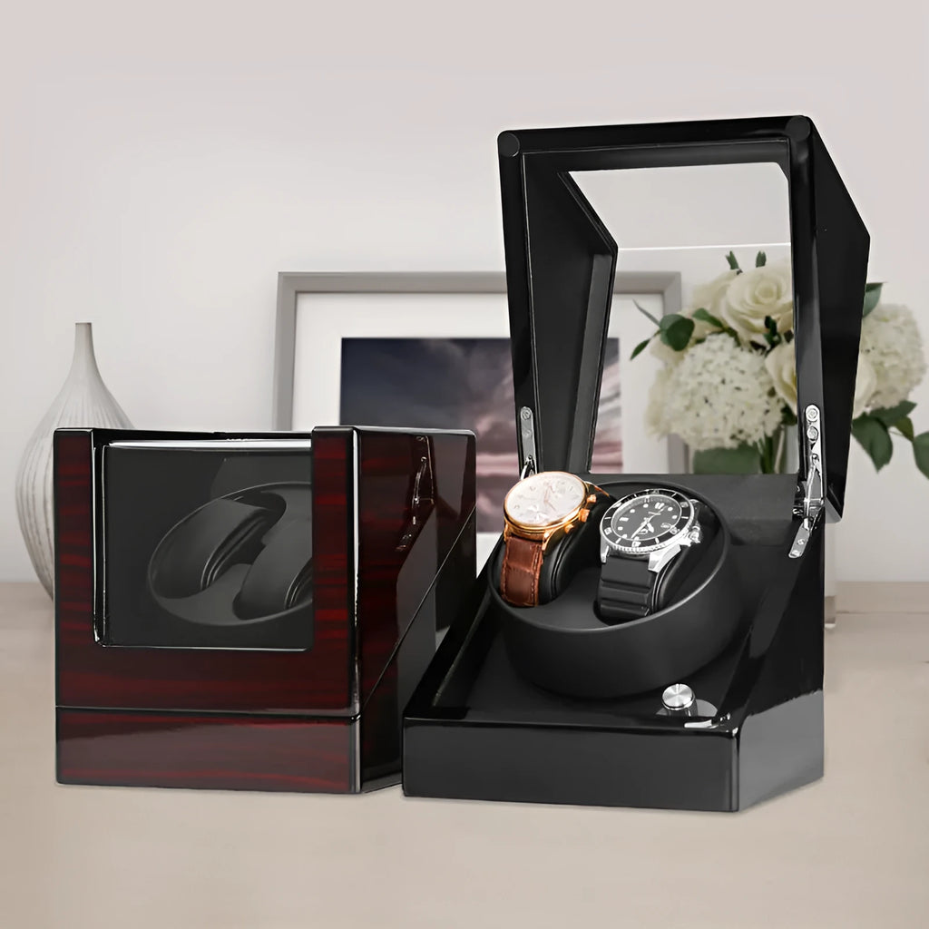 W136D-BT watch winder in red piano lacquer with transparent acrylic front, five-speed adjustment, Japan Mabuchi movement, 16x16x17.5cm