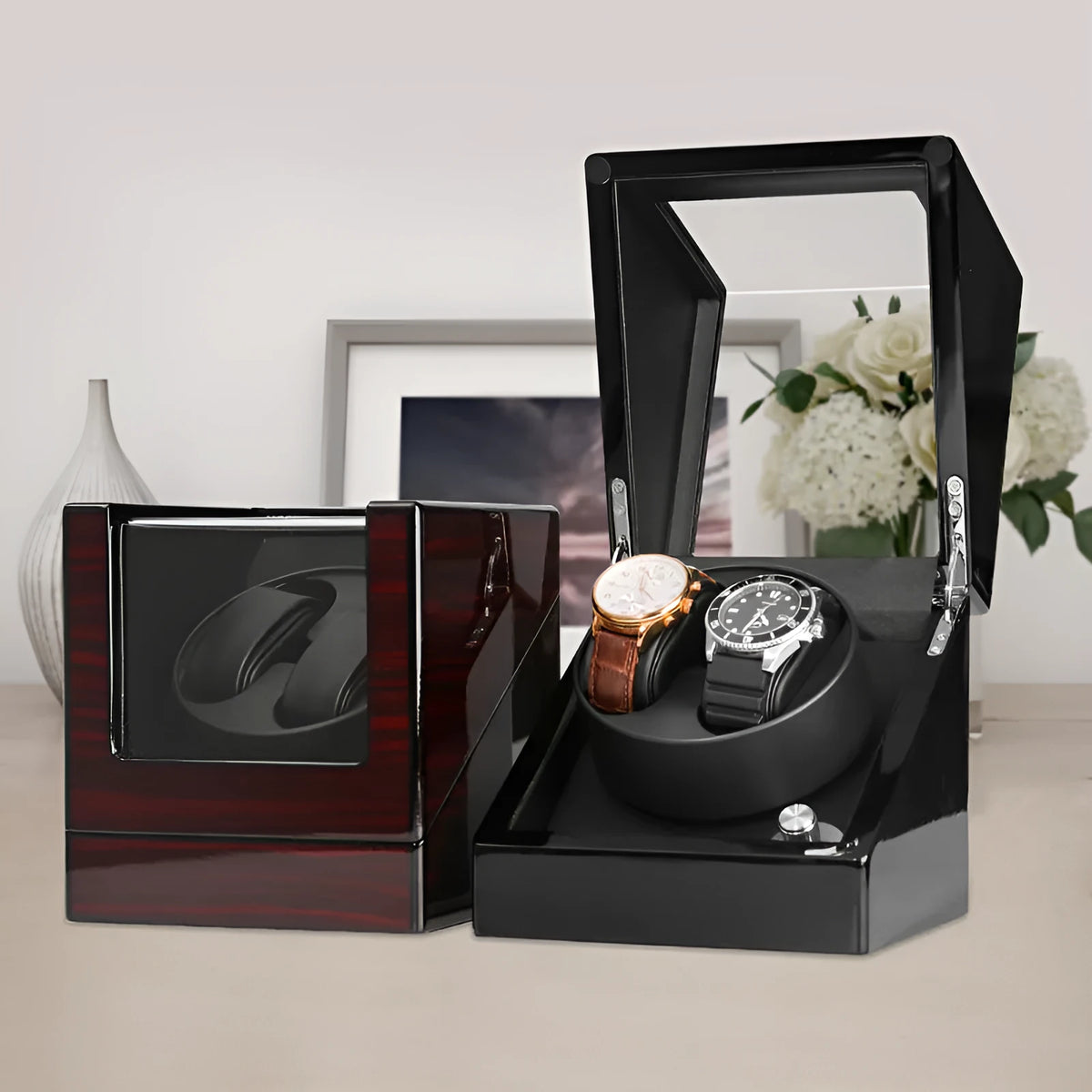 W136D-BT watch winder in red piano lacquer with transparent acrylic front, five-speed adjustment, Japan Mabuchi movement, 16x16x17.5cm