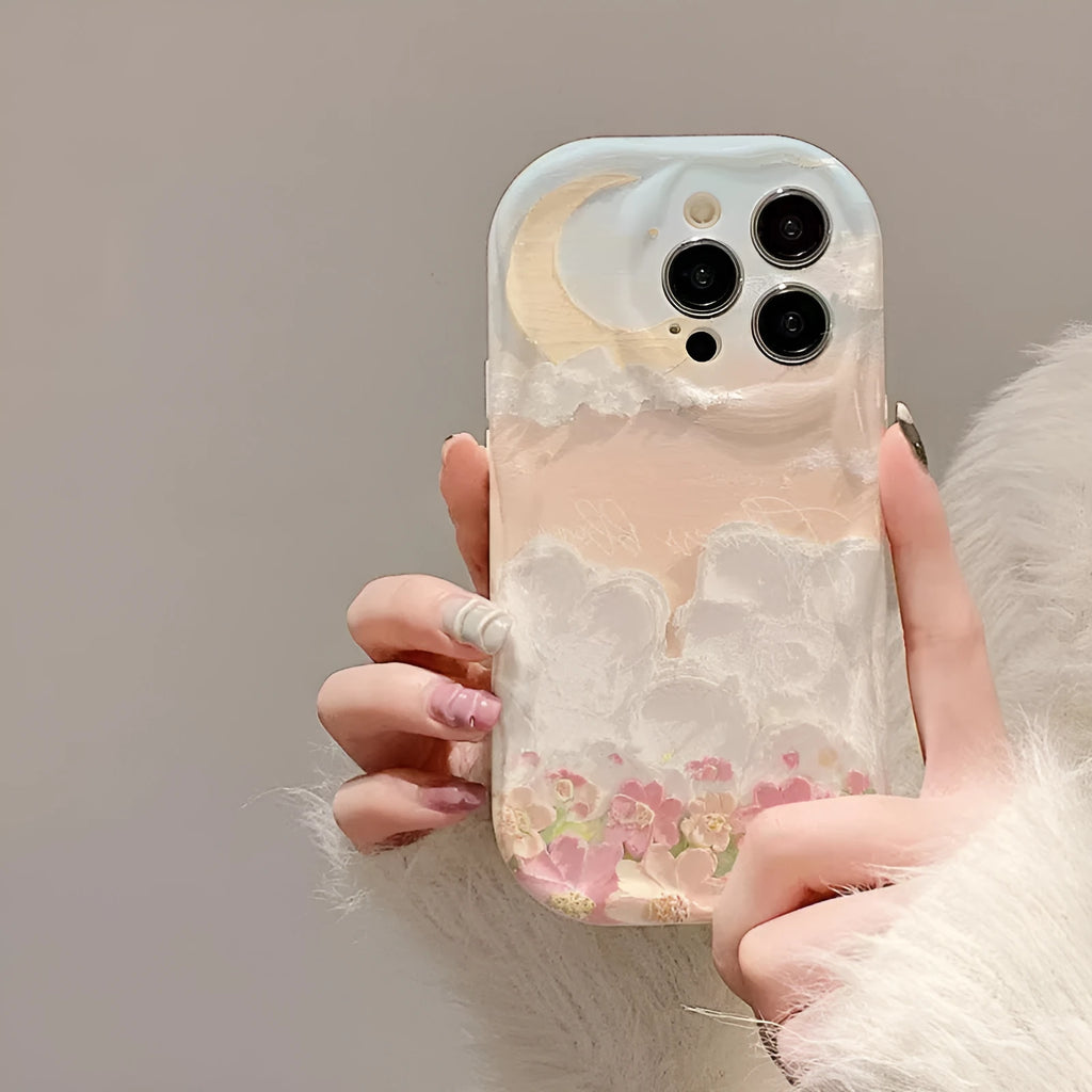 Cloud flower sea TPU phone case for iPhone, cream shell white, floral spray-printed, all-inclusive design