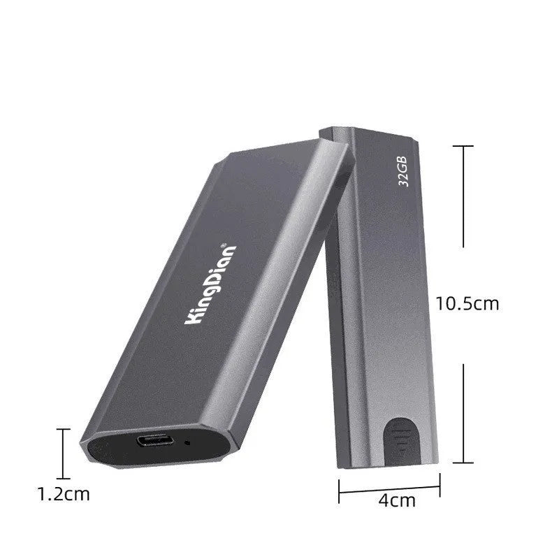 Grey portable SSD with USB3.0 interface for direct mobile phone connection, 119mm x 38mm x 13mm dimensions