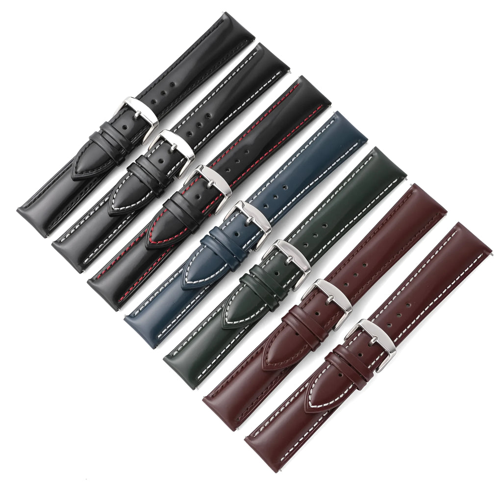 Quick-release leather watch strap in bright cowhide showing colour options and quick-release spring bar detail.