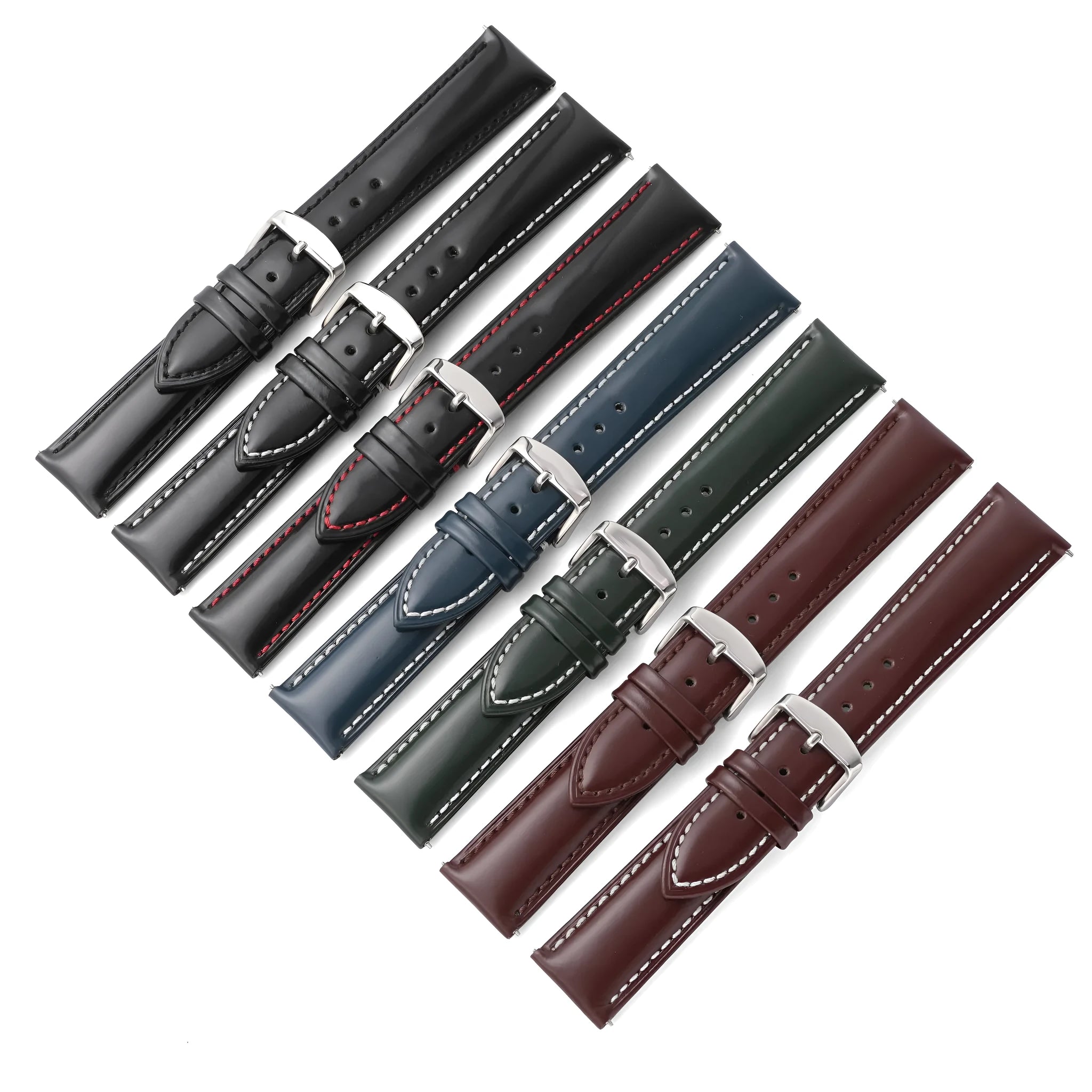 Quick-release leather watch strap in bright cowhide showing colour options and quick-release spring bar detail.