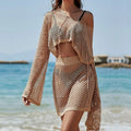 Khaki bell sleeve tunic top with matching skirt sun protection set for women's vacation wear