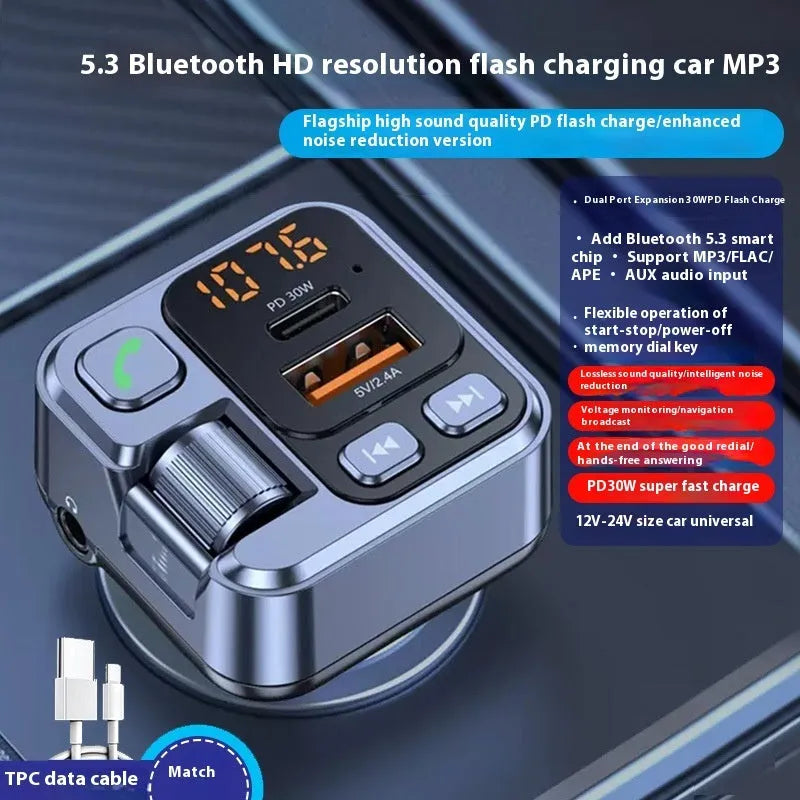 Bluetooth car MP3 player and fast charger plugged into a vehicle's 12V socket with LED display visible.