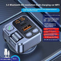 Bluetooth car MP3 player and fast charger plugged into a vehicle's 12V socket with LED display visible.