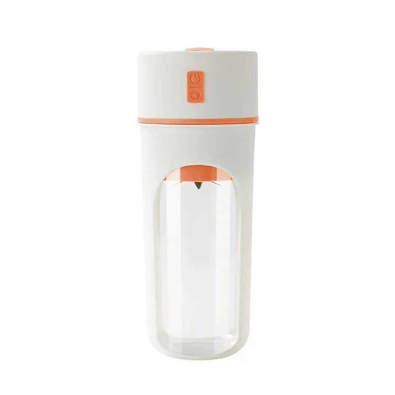 Portable electric juicer with USB charging cable next to 400ml plastic blending cup