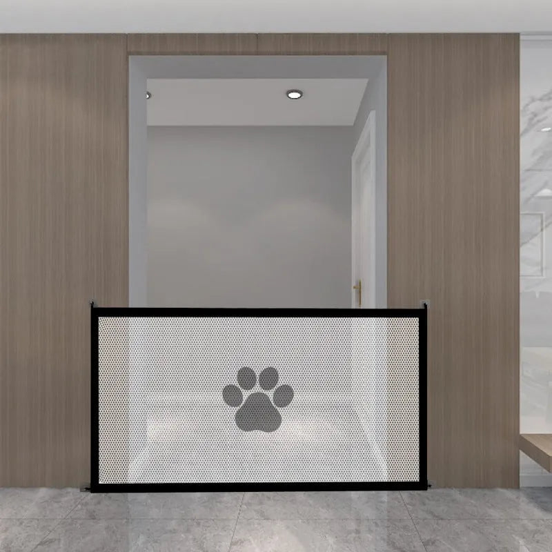 Folding dog barrier with pet doorsill design in doorway setting