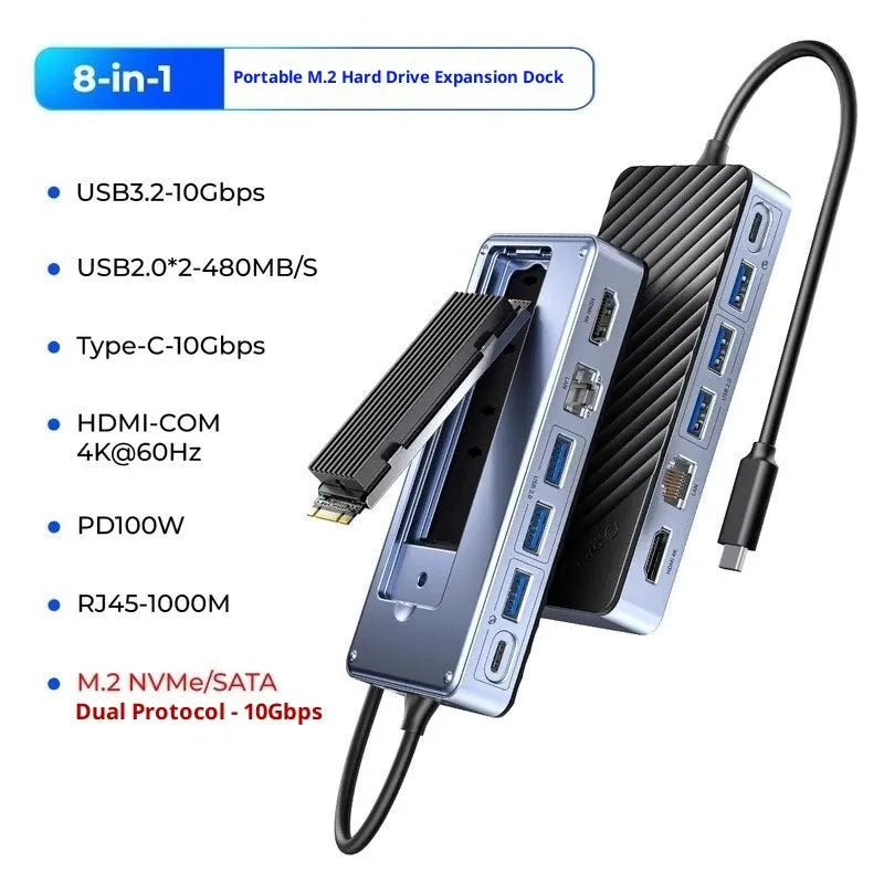 8-in-1 USB 3.2 M.2 hard disk docking station with gigabit network port and 4K HD in black aluminium alloy