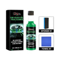 Car glass oil film cleaner 150ml green PET bottle with sponge and towel, size 5.3x5.3x5x16.8 cm